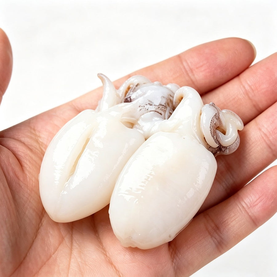 Raw baby cuttlefish held in the palm