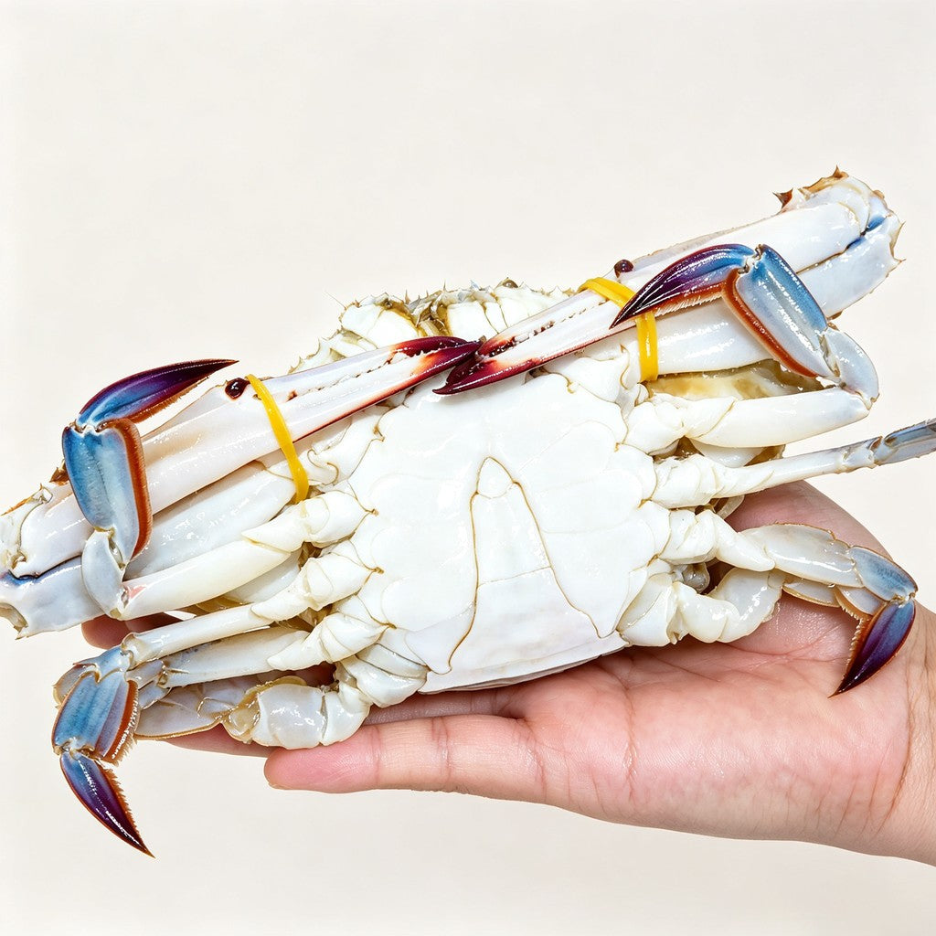 Whole frozen swimming crab held in one hand