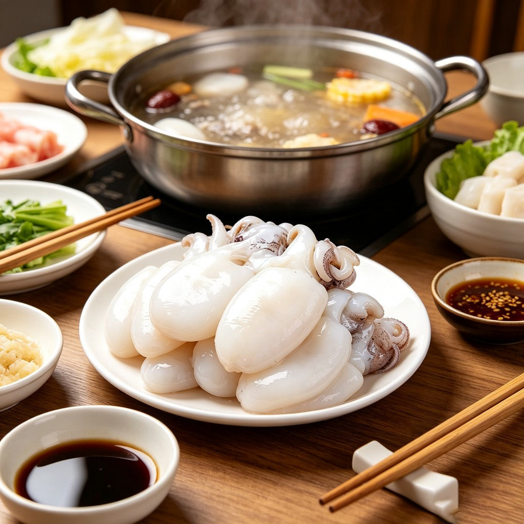 Baby cuttlefish and mushrooms in a hot pot