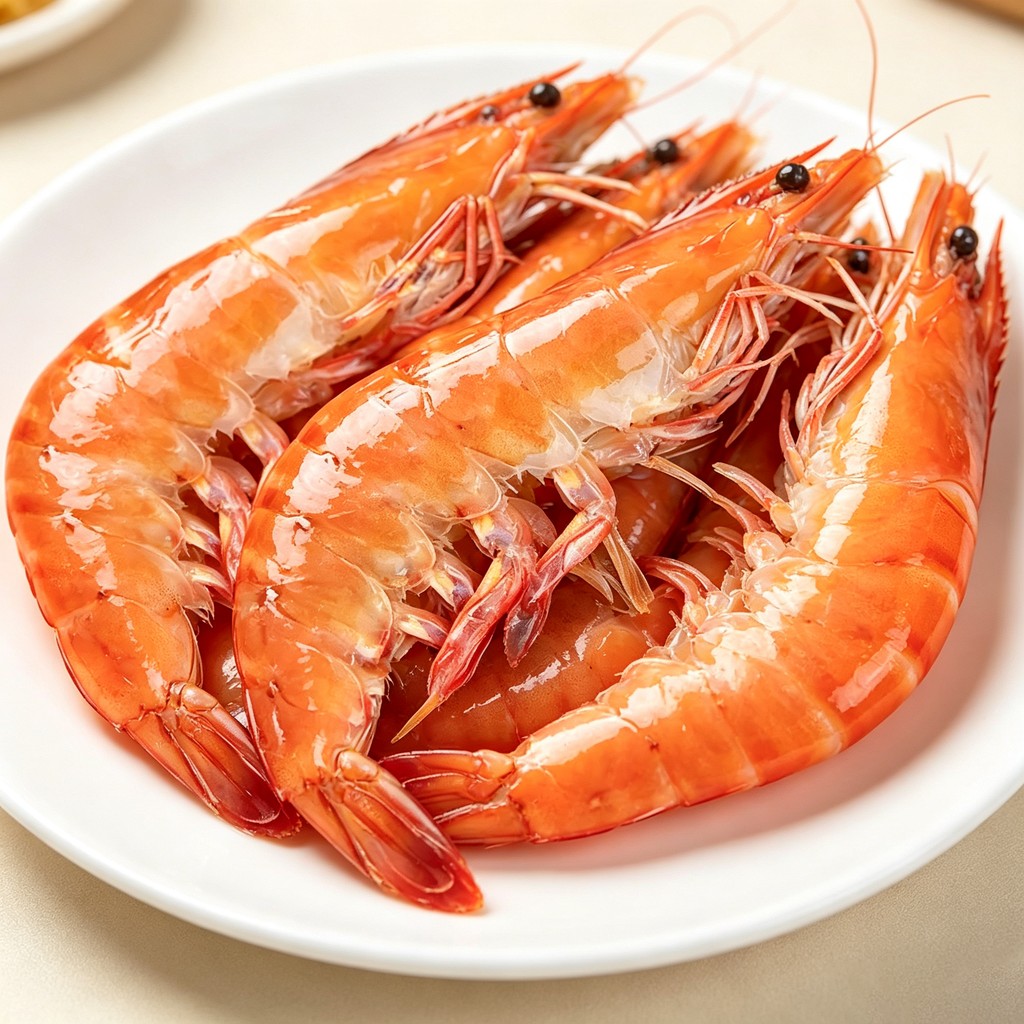 Plump cooked prawns on a white plate