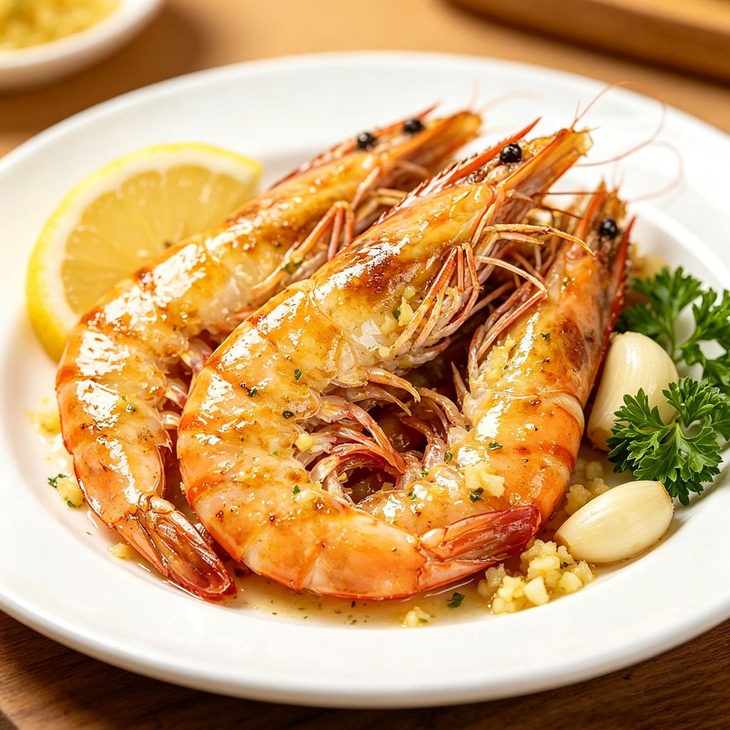 Garlic butter grilled prawns with lemon