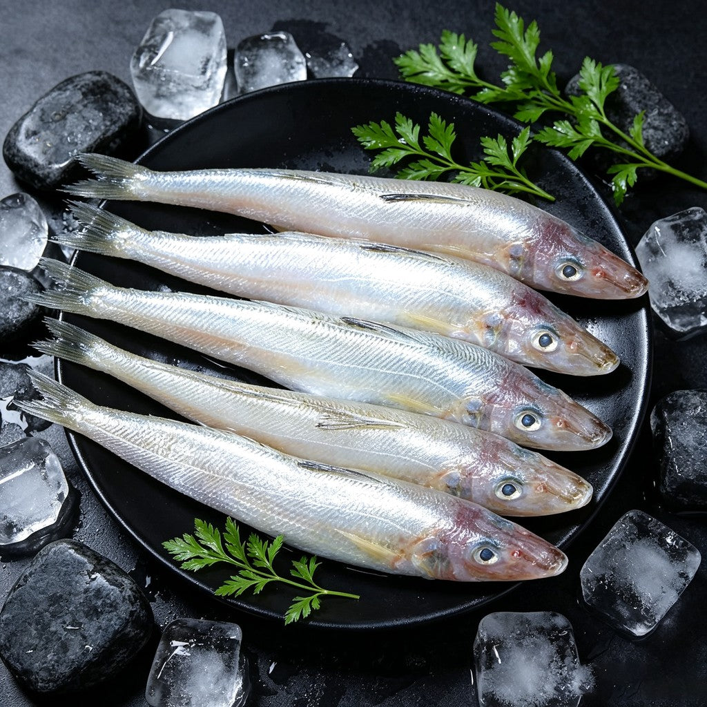Whole sillago fish laid on ice with parsley