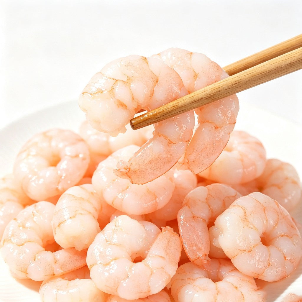 Raw peeled shrimp meat piled on a plate