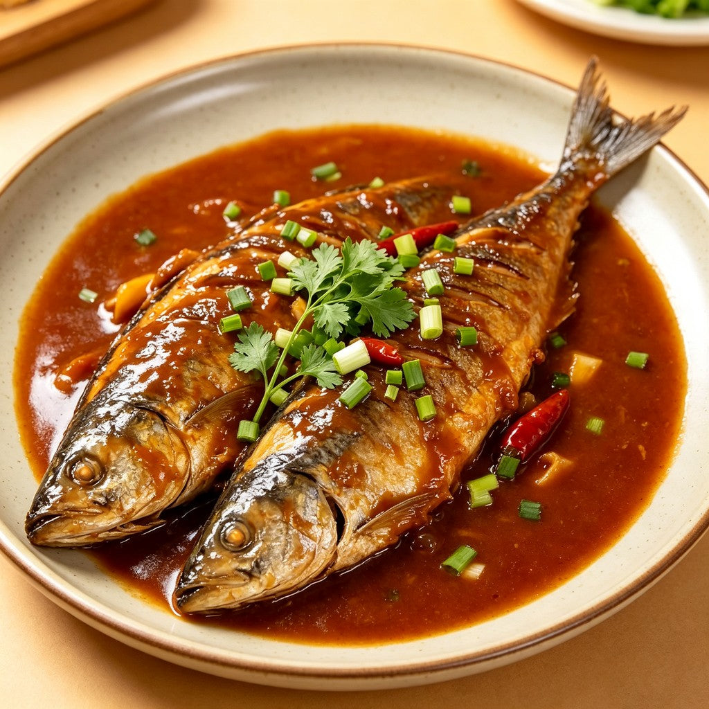 Braised herring in a rich savoury sauce