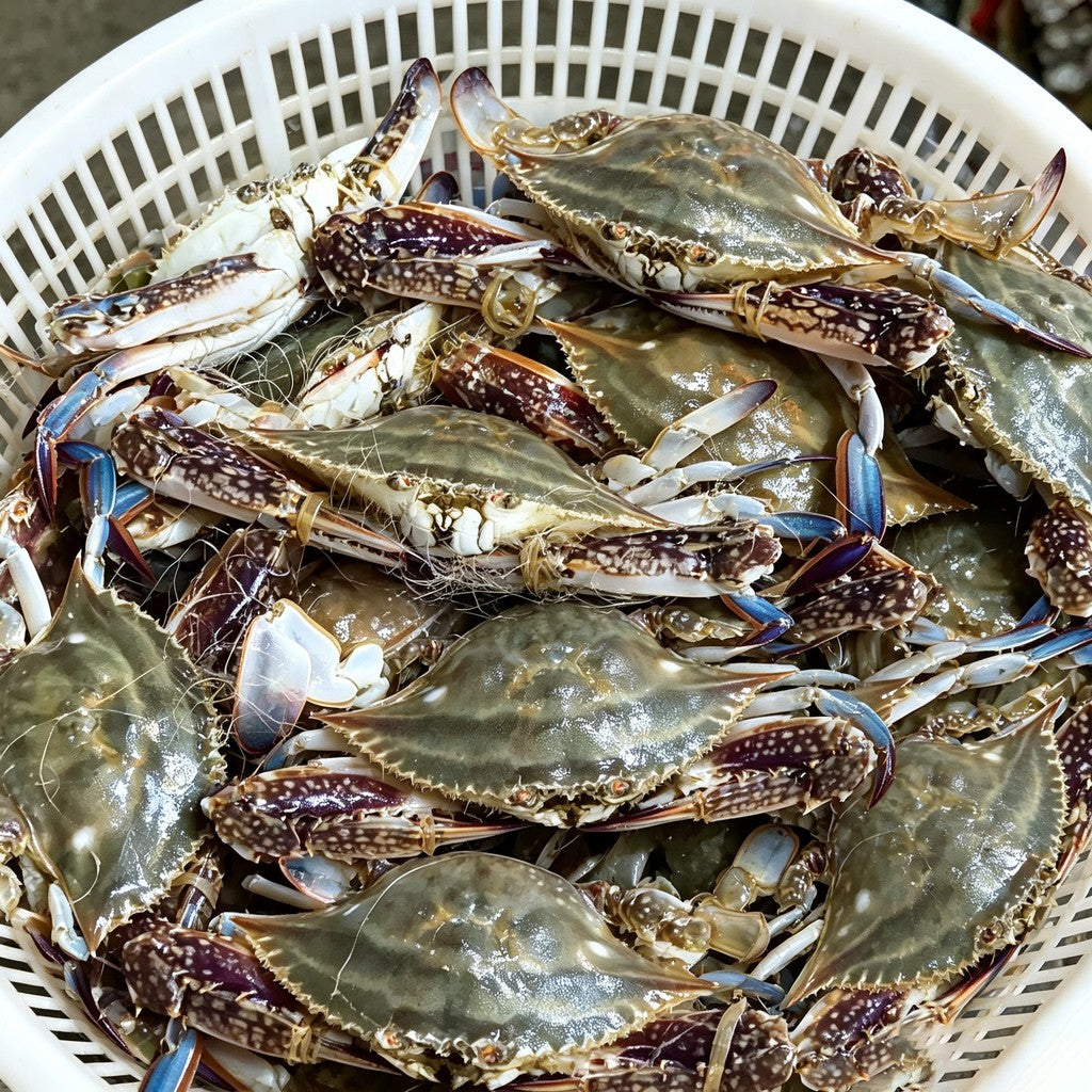 Basket filled with fresh blue swimming crabs