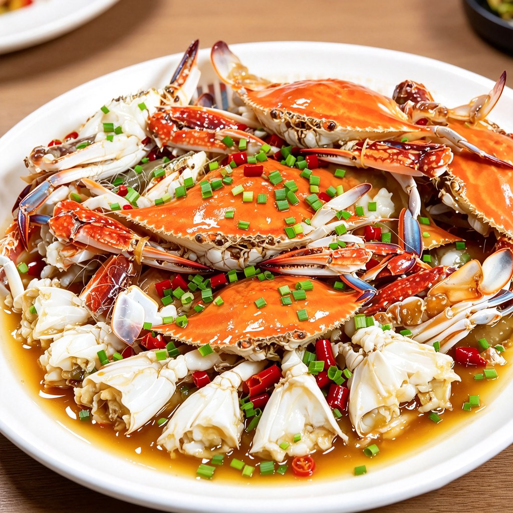 Cooked swimming crab pieces in a ginger and scallion sauce