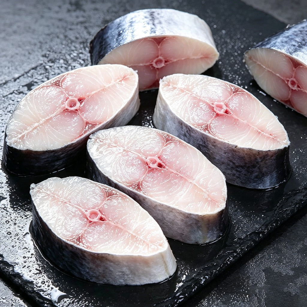 Cross-cut mackerel steaks on a slate board